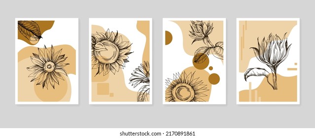 Sunflower Abstract Hand Painted Illustrations for Wall Decoration, Postcard, Social Media Banner, Brochure Cover Design Background. Modern Abstract Painting Artwork.