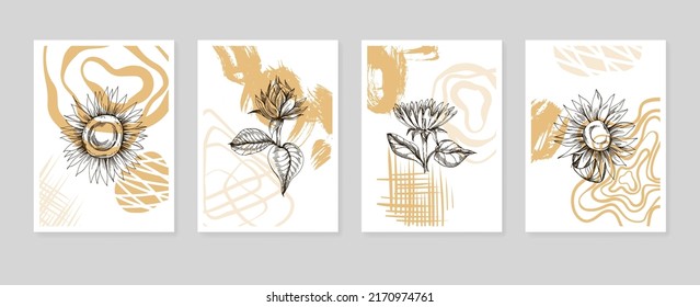 Sunflower Abstract Hand Painted Illustrations for Wall Decoration, Postcard, Social Media Banner, Brochure Cover Design Background. Modern Abstract Painting Artwork.