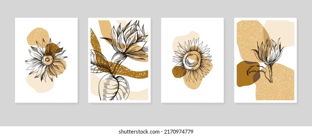 Sunflower Abstract Hand Painted Illustrations for Wall Decoration, Postcard, Social Media Banner, Brochure Cover Design Background. Modern Abstract Painting Artwork.