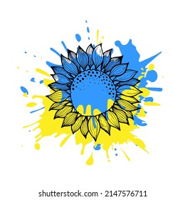 Sunflower against the background of blue and yellow paint stains as the flag of Ukraine