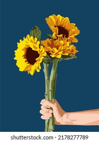 Sunflower (a.k.a helianthus) bouquet with arm vectoral illustration. Bouquet 1