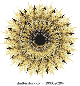 Sunflower with arrows elements colorful splashes.  Feather elements, black arrows and golden and colored floral motifs formed sunflower  for backgrounds and textures, prints, textiles, wallpaper, etc.