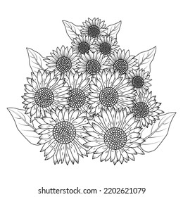 sunflower art drawing of vector design with blooming petal adult coloring book page Sketch for anti-stress adult coloring book. sunflower illustration with leaves drawing.