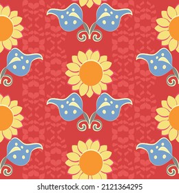 Sunflower art vector repeatable pattern in yellow, red and blue on a textured background