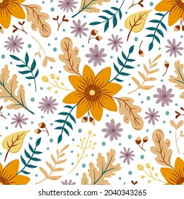 Sunflower autumn seamless pattern on white. Floral pattern with fall leaves and colorful flowers. Thanksgiving background design 