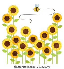 Sunflower background with bumblebee vector.