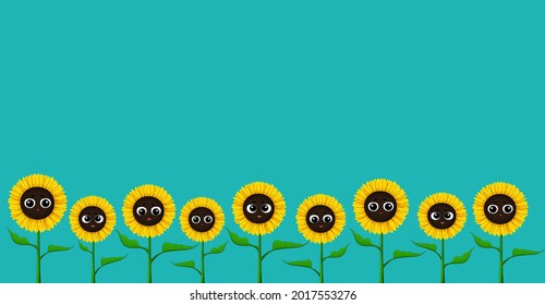 Sunflower background. Fun  sunflower cartoon character collection. Cute baby flower smiling. Sunflower plant texture for kids. Happy kawaii style flower border. Sunflower isolated on blue.
