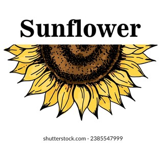 Sunflower background. Sketch style flowers and leaves, black seeds. Yellow petals. Vintage decorative greeting and invitation, oil packaging. Card banner or poster. Hand drawn vector illustration
