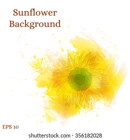 Sunflower background. Watercolor yellow flower. Design for wedding cards, save the date, birthday. Bright and Sunny style. Drawn the outlines of a sunflower. Vector illustration.