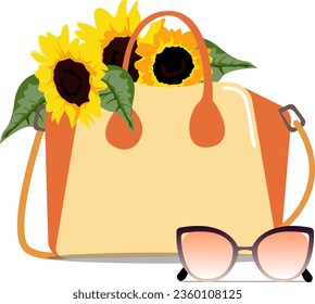 Sunflower bag, beach bag, sunglasses, fashion items, sunflower