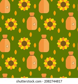 Sunflower and bag on a green background, seamless pattern, texture for design, vector illustration