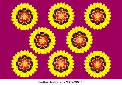 Diseño de batik girasol sobre fondo morado.