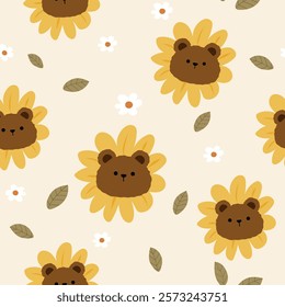 sunflower bears with leaves and white flowers seamless pattern , vector , illustration