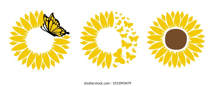 Sunflower with beautiful butterfly set. For design on t-shirt, mug, bag, mask background illustration.