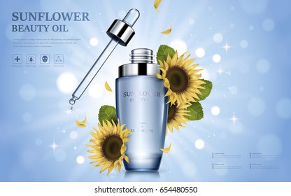 sunflower beauty oil contained in glossy bottle with flower elements, glittering bokeh background, 3d illustration svg