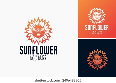 Sunflower Bee Buzz Logo Template: Symbolizes vibrancy and pollination, tailored for flower farms or honey producers. Layered EPS Vector