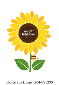 Sunflower, bee cartoon and hand written font isolated on white background vector illustration.