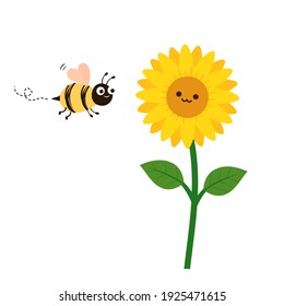 Sunflower and bee cartoon icon on white background vector illustration.
