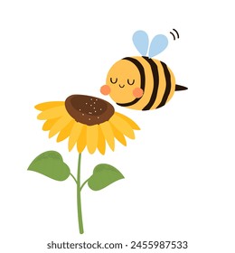 Sunflower and bee cartoon icon sign isolated on white background vector.