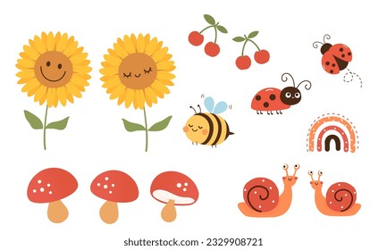 Sunflower, bee cartoon, ladybug, snail, mushroom, rainbow and cherry icon set isolated on white background vector illustration.