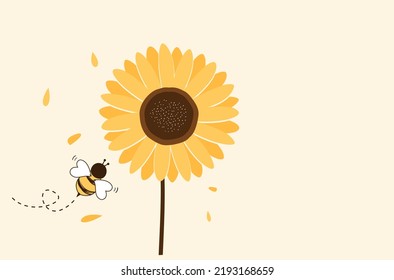 Sunflower and bee cartoon on yellow background vector illustration.