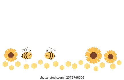 Sunflower, bee cartoons and beehive hexagon sign isolated on white background vector. 
