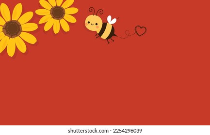 Dibujos de girasol, abejas y líneas de puntos cardíacos en la ilustración vectorial de fondo rojo.