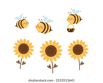 Sunflower, bee cartoons and honey bucket icon signs isolated on white background vector. 