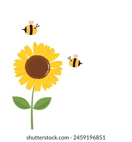 Sunflower and bee cartoons isolated on white background vector. Cute wall art decoration.