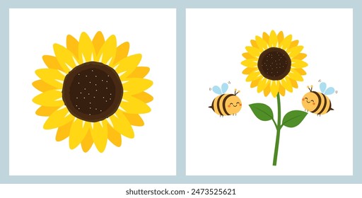 Sunflower and bee cartoons isolated on white background vector.