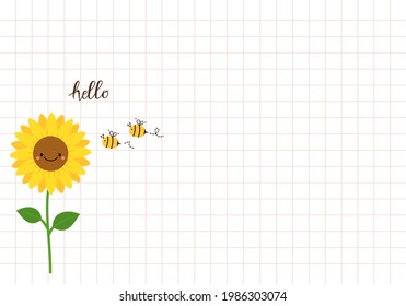 Sunflower and bee cartoons on grid background vector illustration.