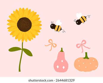 Sunflower, bee cartoons, ribbon bows and pumpkins icon signs on pink background vector.