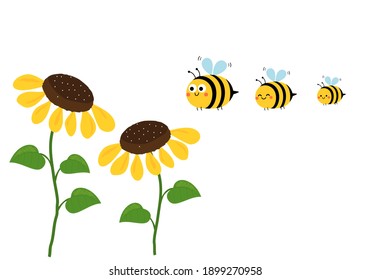 Sunflower with bee family cartoon on white background vector illustration.