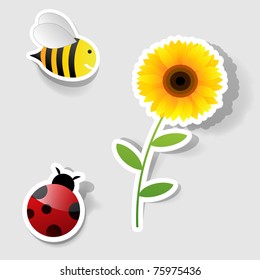 Sunflower, bee and ladybug sicker set. Clipart image