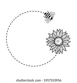 Sunflower and bee, Monogram frame. Floral border. Outline drawing. Line vector illustration.  Isolated on white background. Design of invitations, wedding or greeting cards.