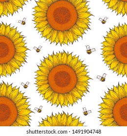 Sunflower and bee seamless pattern. Hand drawn background. Colorful vector illustration. Cute design with sunflower.