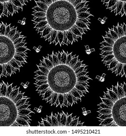 Sunflower and bee seamless pattern. Hand drawn background.Sketch vector illustration. Cute design with sunflower.