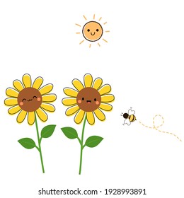 Sunflower, bee and sun icon isolated on white background vector illustration. Cute cartoon character.