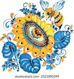 Sunflower with a bee. Yellow, blue colours. Berries