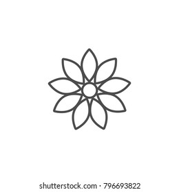 Sunflower with big petals icon. Flat organic symbol. Sun flower isolated on white. Vector illustration. Black and white. Thick outline. Summer nature sign.