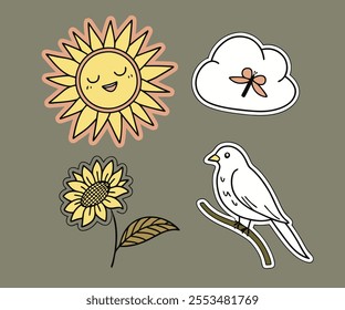 Sunflower and Birds on Gray Background Sticker