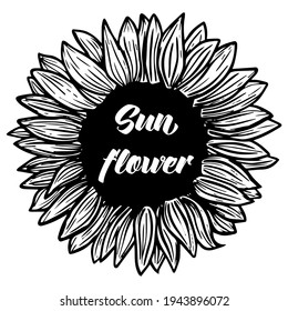 Sunflower. Black and white illustration of a sunflower. Linear flower art. Hand-drawn decorative blooming sunflower element in vector