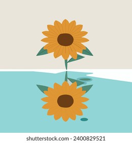 A sunflower blooms on the river bank
