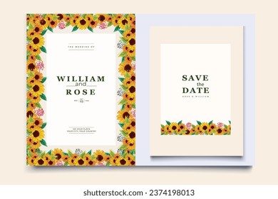 Tarjeta de invitación de diseño de borde de girasol. Tarjeta de matrimonio, saludo, floral, marco.