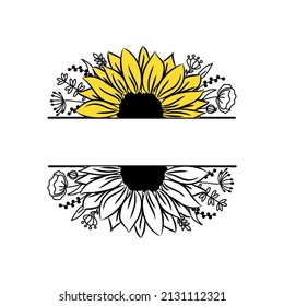 Sunflower border half flowers drawing and outline. Set of blooming splitted flowers. Black and white illustration on white background. Floral monograms