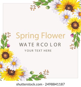 Guirnalda de borde de girasol, marco redondo de flores amarillas, acuarela dibujada a mano hermosa tarjeta de invitación conjunto arreglo, floral Marcos primavera Geometría tarjeta de amor vintage fondo de Plantilla 
