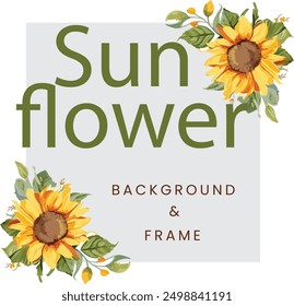 Sunflower border wreath, round frame of yellow flowers, hand drawn watercolor beautiful invitation card set arrangement, floral Frames spring Geometry wedding love card  vintage template background 
