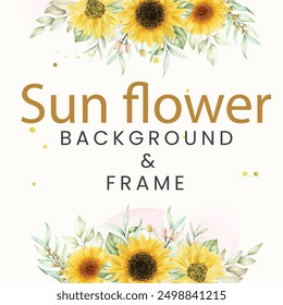 Sunflower border wreath, round frame of yellow flowers, hand drawn watercolor beautiful invitation card set arrangement, floral Frames spring Geometry wedding love card  vintage template background 
