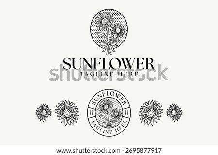 sunflower botanic logo in minimal line art style for skincare, florist, wedding, boutique. botanical sunflower emblem with vintage circular badge design for beauty care, spa, salon, cosmetic