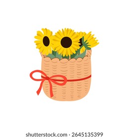 Sunflower bouquet in basket with red bow. Vector flat floral illustration on isolated background